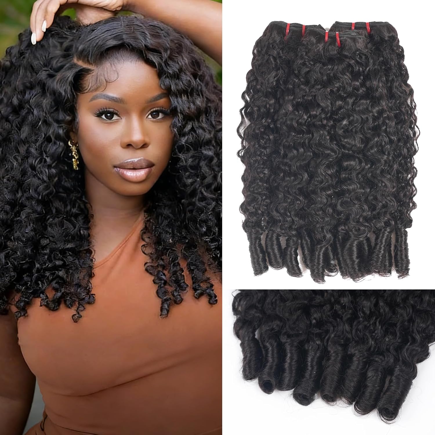 Burmese Curly Crochet Human Hair Bundles 100% Unprocessed Real Brazilian Virgin Remy Hair Extensions, 3 Quick Water Wave Curly Weave with Spiral End 15A Grade for Women Natural Black (16 18 20)