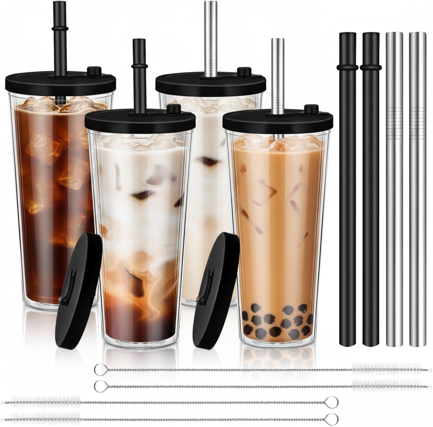 Honeydak 4 Sets 24 oz Reusable Iced Coffee Cups with Lids and Straws Leakproof Double Wall Insulated Clear Plastic Iced Coffee Tumblers with Straw Brushes (Black)