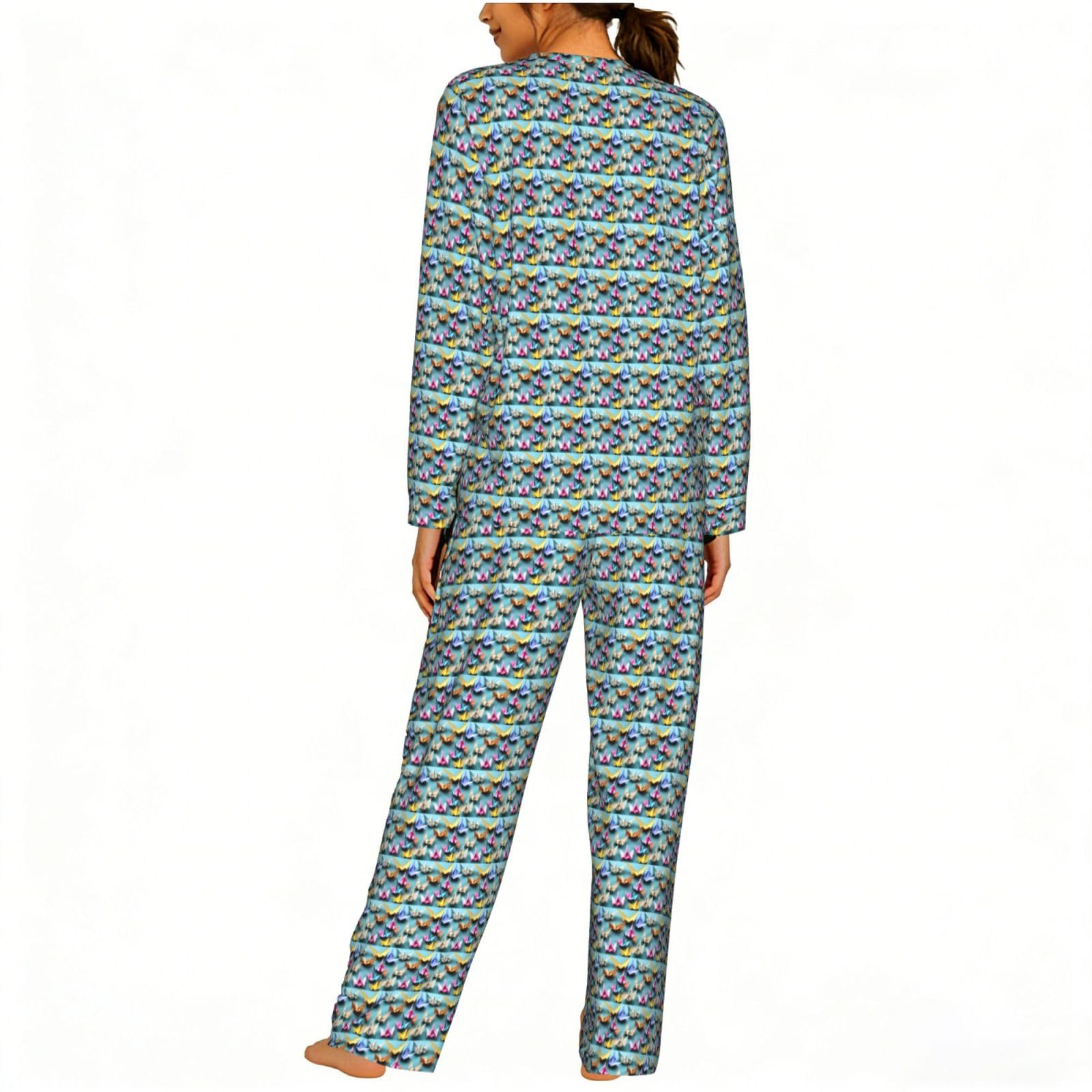 Origami Paper Crane Stampa Donne Manica Lunga Pigiama Corrispondente Quotidiano Confortevole Loungewear Abiti Da Notte