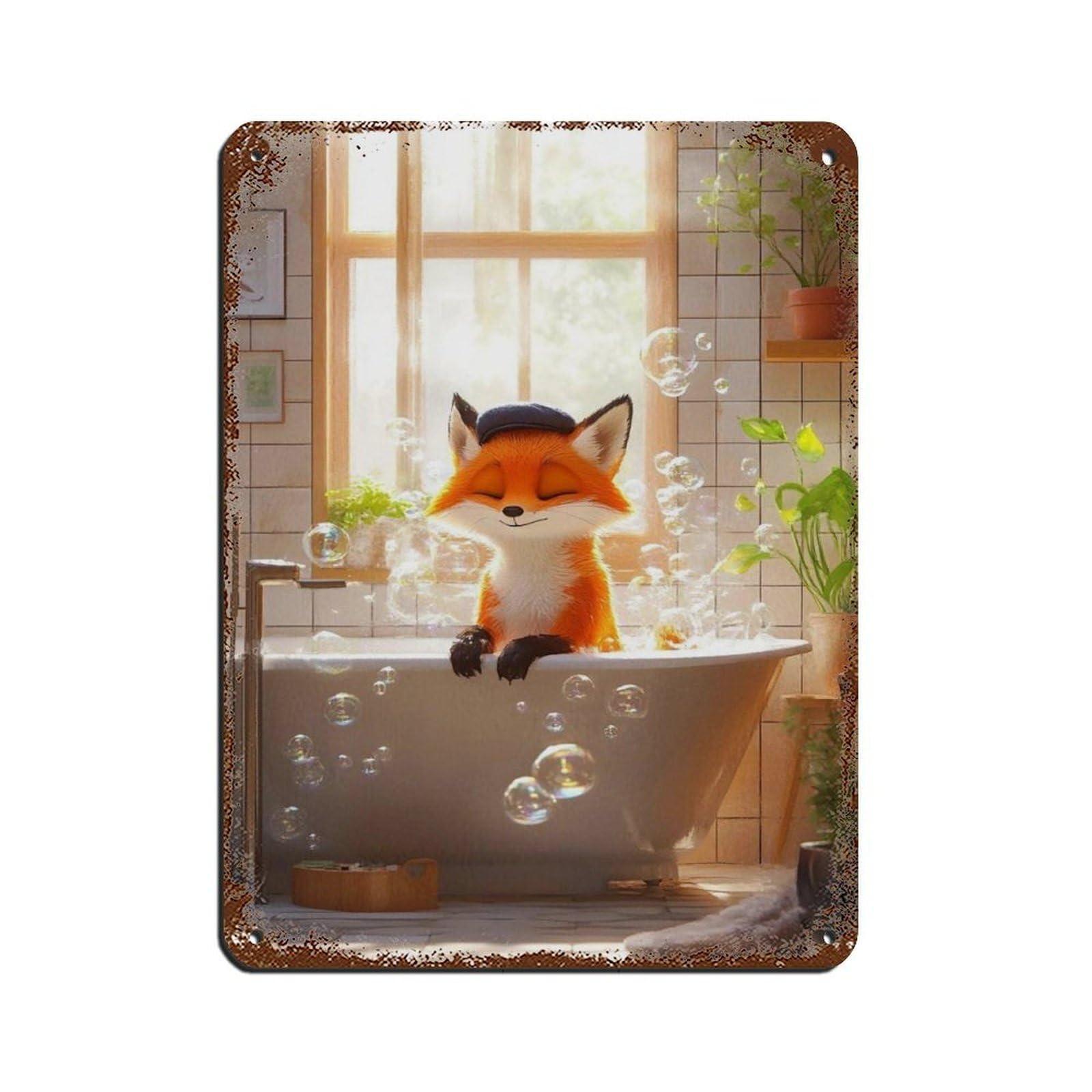 Cute Fox in Bubble Bath Retro Poster Metal Tin Sign Chic Art Retro Iron Painting Bar People Cave Cafe Family Garage Poster Wall Decoration 12x16inch(30x40cm)