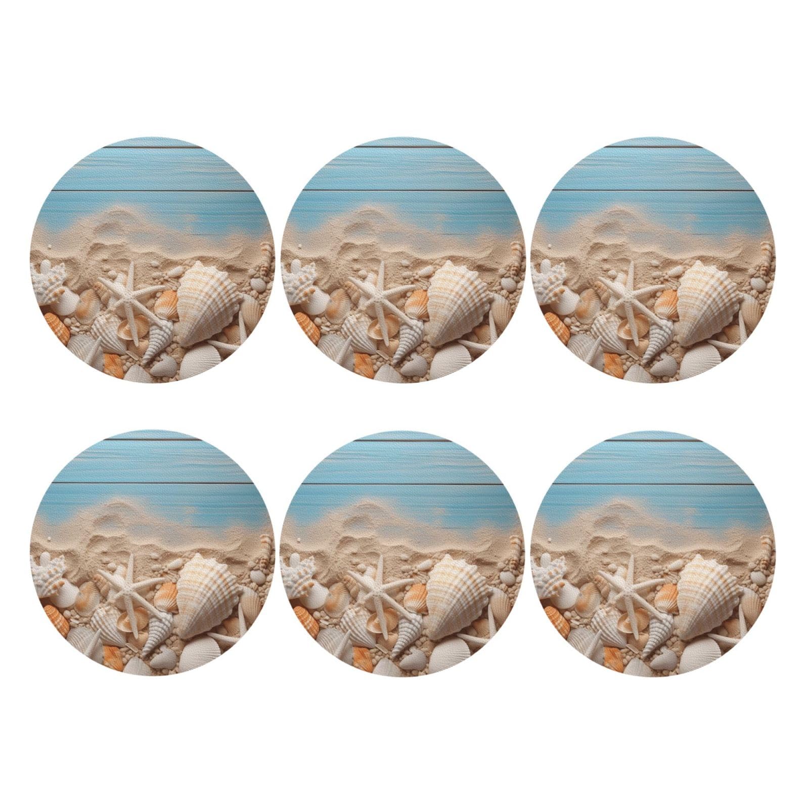 6pcs Leather Coasters for Drinks, Sea Shells and Starfish Drink Coasters for Tabletop Protection, 4" Cup Coasters for Coffee Table Decor, Non-Slip Drinking Cup Mat for Hot Or Cold Drink