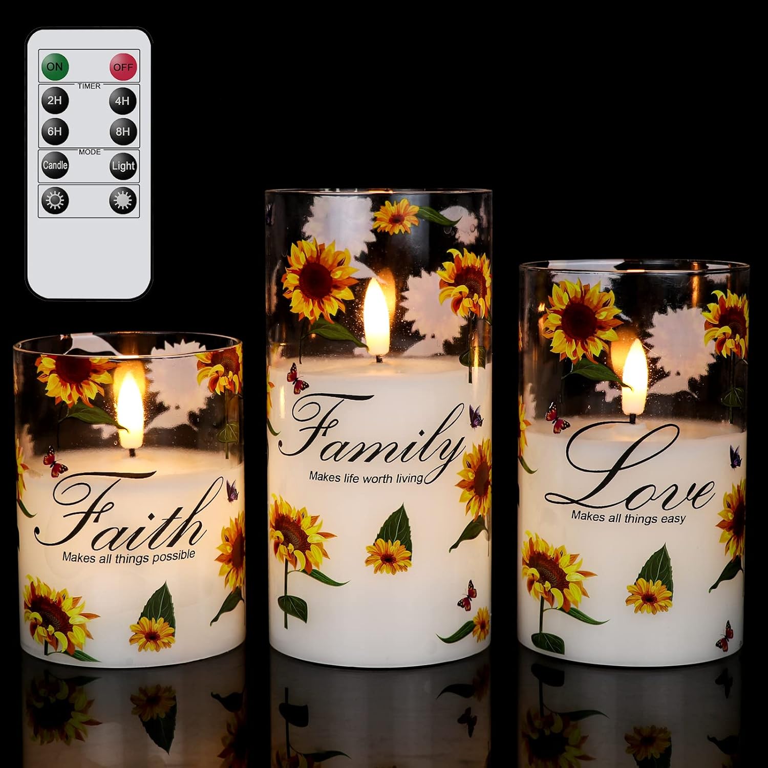 Wondise Flameless Glass Pillar Candles with Remote & Timer, Battery Operated LED Flickering Sunflower for Home Decoration, Set of 3