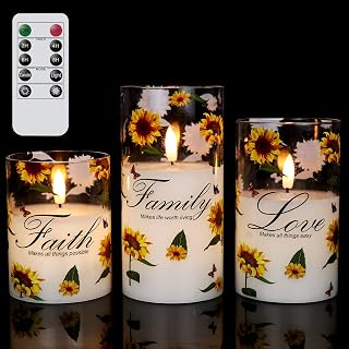 Wondise Flameless Glass Pillar Candles with Remote & Timer, Battery Operated LED Flickering Sunflower for Home Decoration, Set of 3