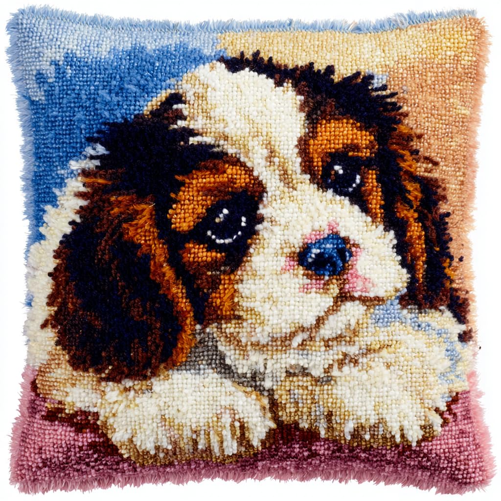 Dog Latch Hook Cushion Cover Kit for Adults,Cavalier King Charles Spaniel,DIY Crochet Pillowcase with Pre Printed Canvas,Yarn and Hook,Easy Needlecraft Rug Kits,Thoughtful Craft Gift for Dog Lovers