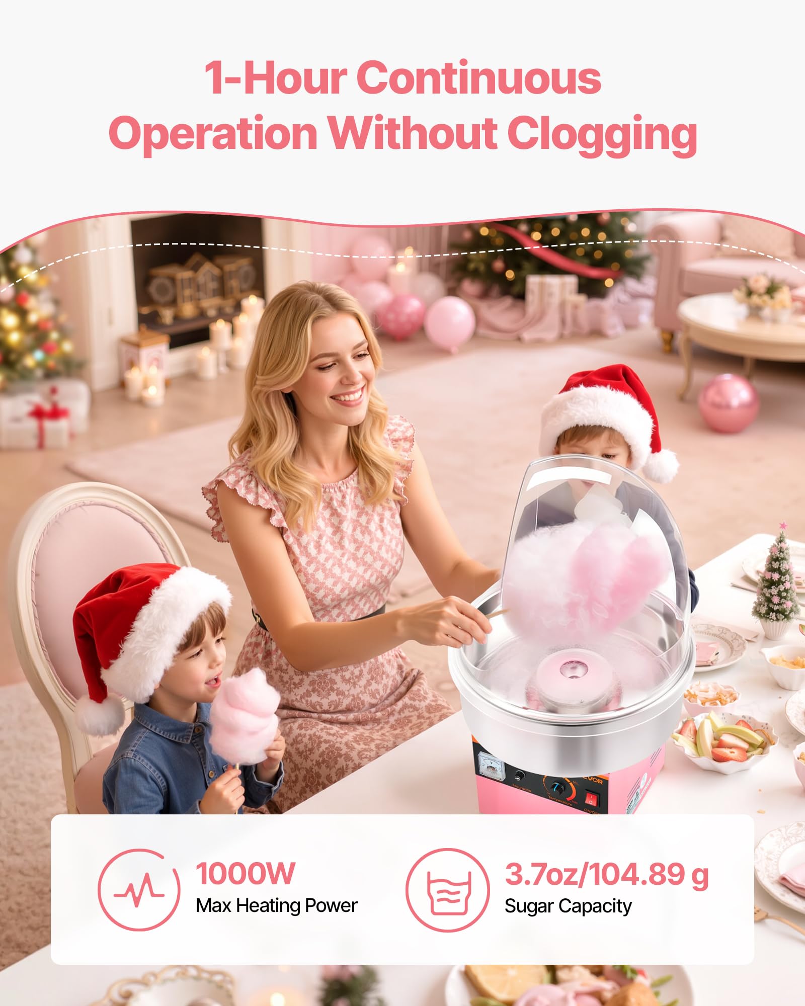 VEVOR Máquina Eléctrica de Algodón de Azúcar 1000 W, Máquina para Hacer Algodón de Azúcar con Tapa, Recipiente de Acero Inoxidable y Cuchara para Azúcar, para Carnavales, Cumpleaños, Fiestas, Rosa