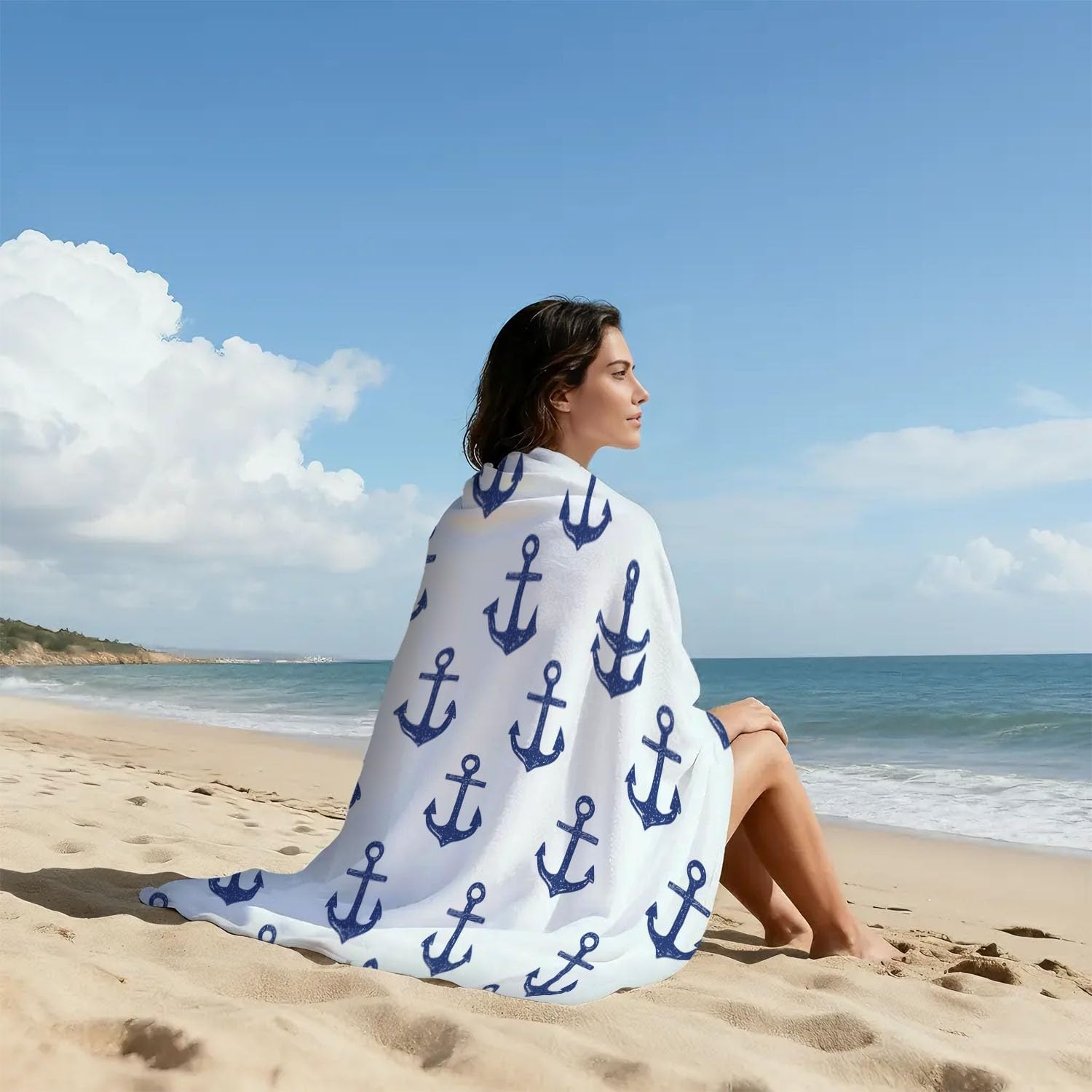 Toalla de playa moderna y minimalista, extra grande de microfibra de 200 x 100 cm, sin arena, secado rápido, fresca y tranquila, diseño náutico, toalla de playa con ancla azul, regalo ideal para