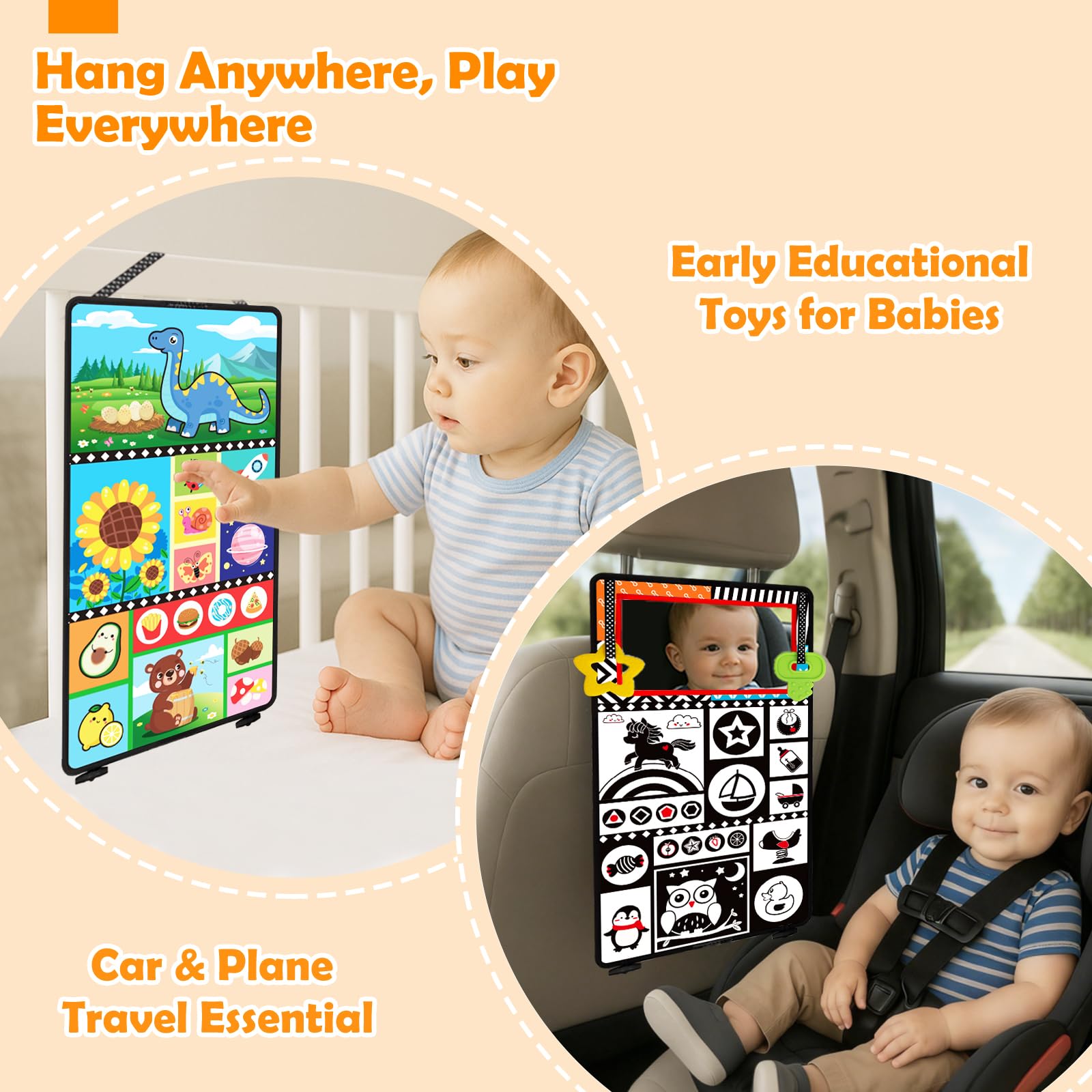 Juguetes para bebés de 0 a 6 meses – Juguete para bebés de alto contraste en blanco y negro – Espejo de bebé con mordedor de libro de tela – Juguete sensorial arrugado Montessori para bebés de 0-3-6 7