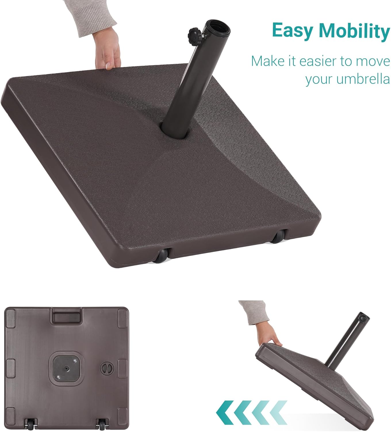 Patio Umbrella Base 90lb Capacity with Wheels,Heavy Duty Market Umbrella Stand for Outdoor,Square Base for 6-11FT Patio Umbrella,Mocha