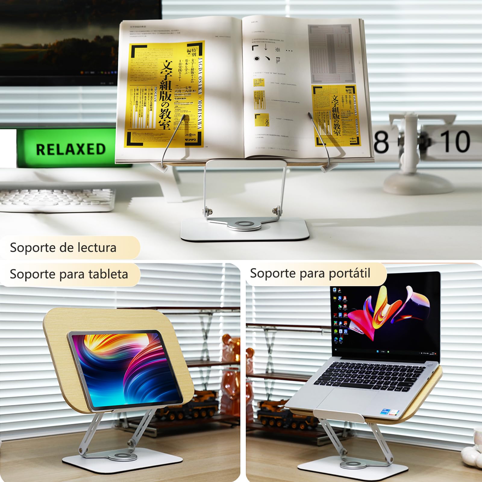 Soporte de Lectura, Soporte de Libro Ajustable con Base Giratoria 360°, Soporte de Libro de Cocina Plegable, Práctico Soporte Giratorio para Partituras, Libros Pesados, Computadora portátil