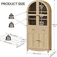 HOOBRO 71" Farmhouse Arched Pantry Cabinet with Glass Doors, Drawer & Adjustable Shelves - Natural Kitchen Hutch Storage