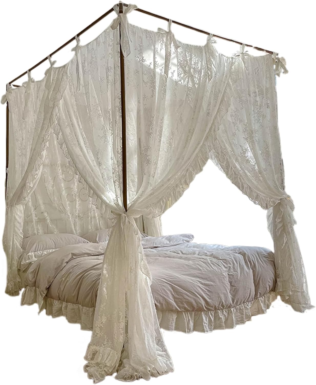 Canopy Bed Curtains, Three-Opening Lace Princess Bed Canopy, 4 Corner Post Hanging Curtains with Ties Fit 4.92ft