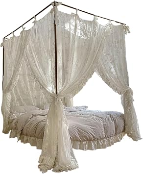 Canopy Bed Curtains Three-Opening Lace Princess Bed Canopy 4 Corner Post Hanging Curtains with Ties Fit 4.92ft Canopies & Drapes