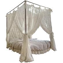 Canopy Bed Curtains Three-Opening Lace Princess Bed Canopy 4 Corner Post Hanging Curtains with Ties Fit 4.92ft Canopies & Drapes