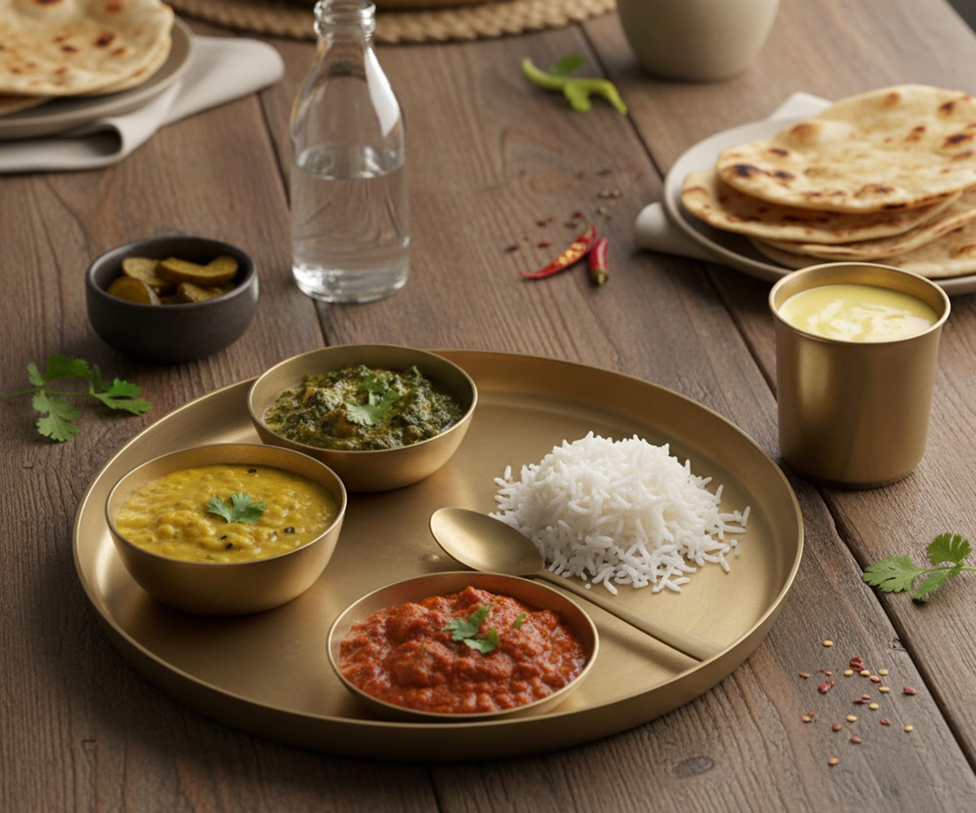 KLEO Kansa - Juego de 6 platos Thali de bronce | 1 plato, 2 cuencos, 1 vaso, 1 cuchara y 1 plato dulce | Juego de utensilios de bronce para auténtica colección de comedor indio, vajilla de metal