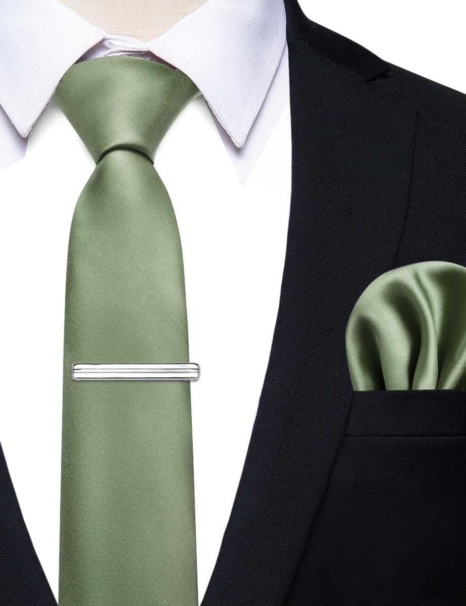 YourTies Skinny Ties for Men Satin 2.4" Slim Necktie with Pocket Square Tie Clip Set Solid Color Wedding Party Business