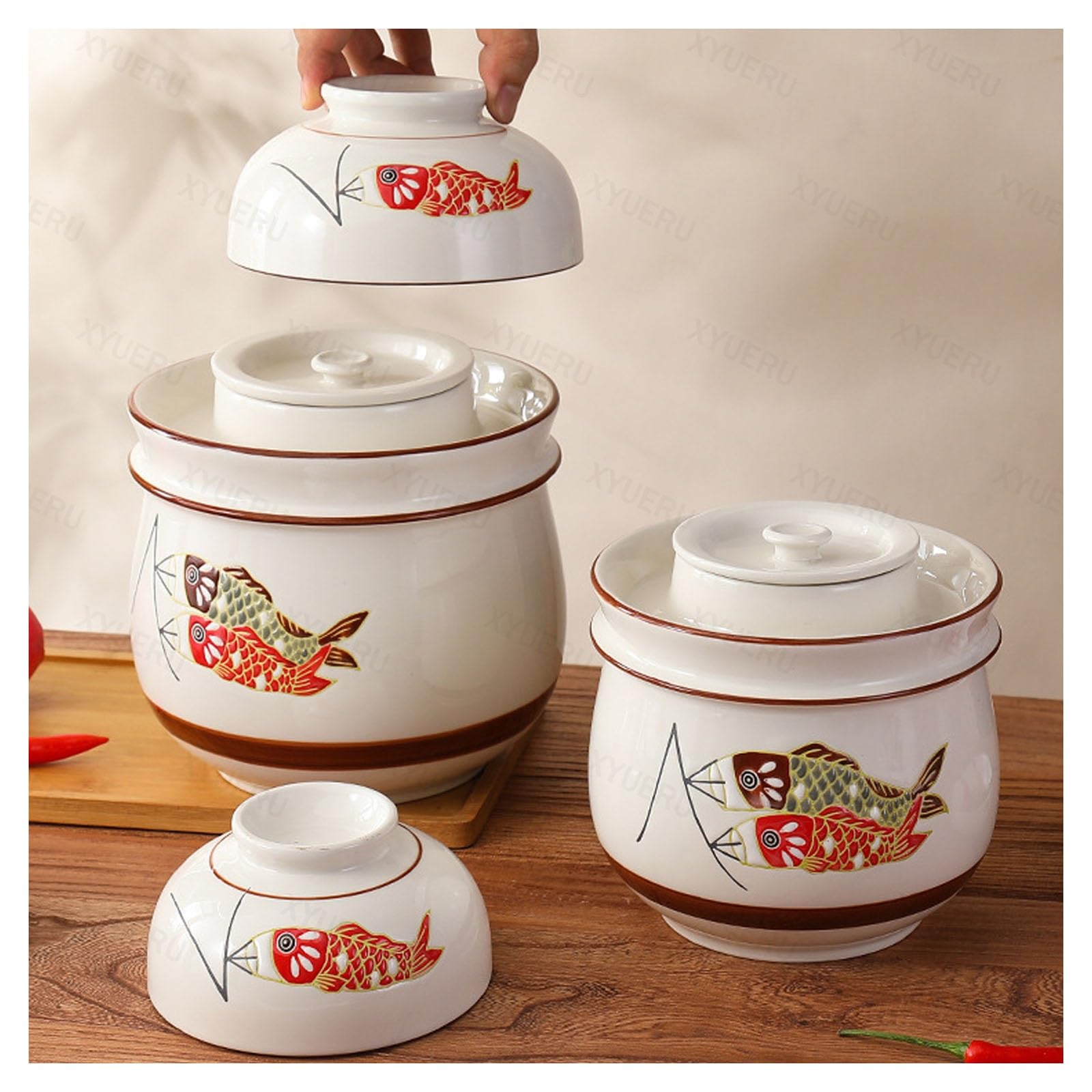 Chinesisches Gärgefäß aus Keramik mit Gärdeckeln, Steingut-Einmachglas | Einmachglas mit breiter Öffnung for Sauerkraut, Kimchi und Essiggurken(2000ml)