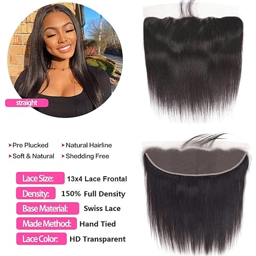 Miniatura 6 de 3 manojos de cabello humano con parte frontal de encaje de 13 x 4, parte libre 12A, cabello lacio 100% virgen brasileño sin procesar (lacio, 3