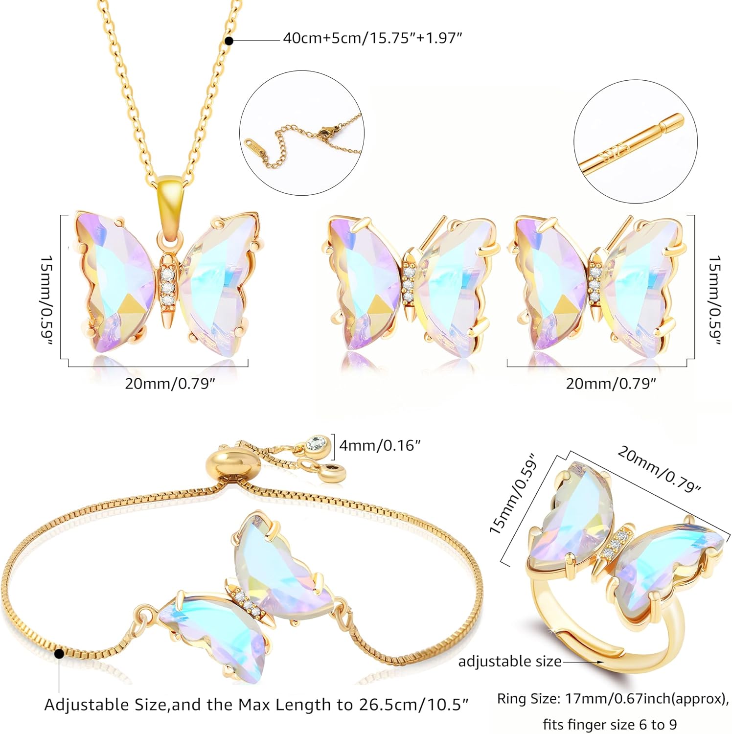 MISS RIGHT Butterfly Crystal Jewelry Set with Butterfly Necklace Stud Earrings Bolo Bracelet Adjustable Ring for Women Trendy, Iridescent Y2K Dainty Butterfly Jewelry Gifts - Image 3
