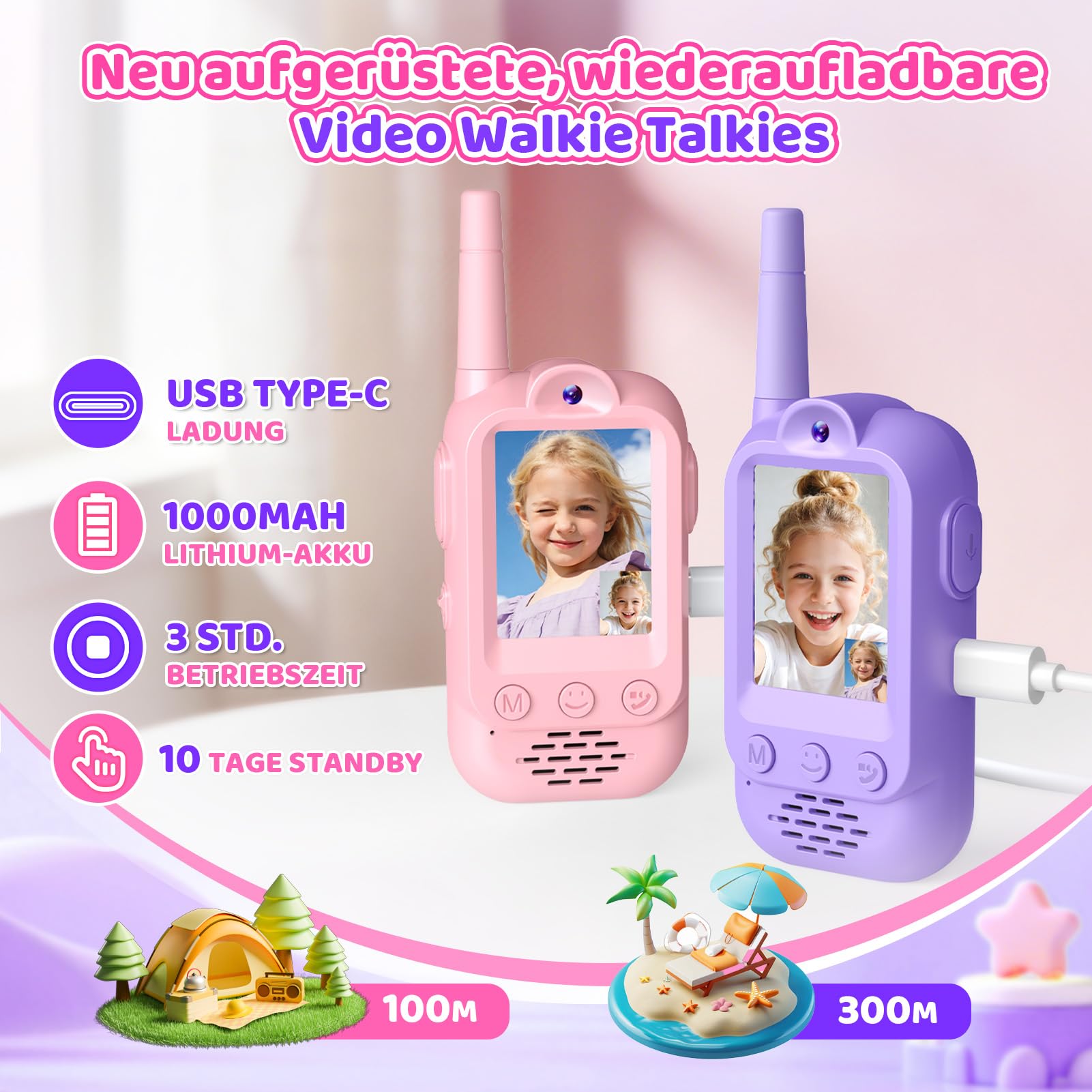 Walkie Talkie Kinder mit Video, Geschenk Mädchen 3 4 5 6 7 8 Jahre Walky Talky Kinder Aufladbar Spielzeug ab 3-12 Jahre Mädchen Geschenkideen Funkgerät Kinder Oster Geschenke Spielzeug für Draußen