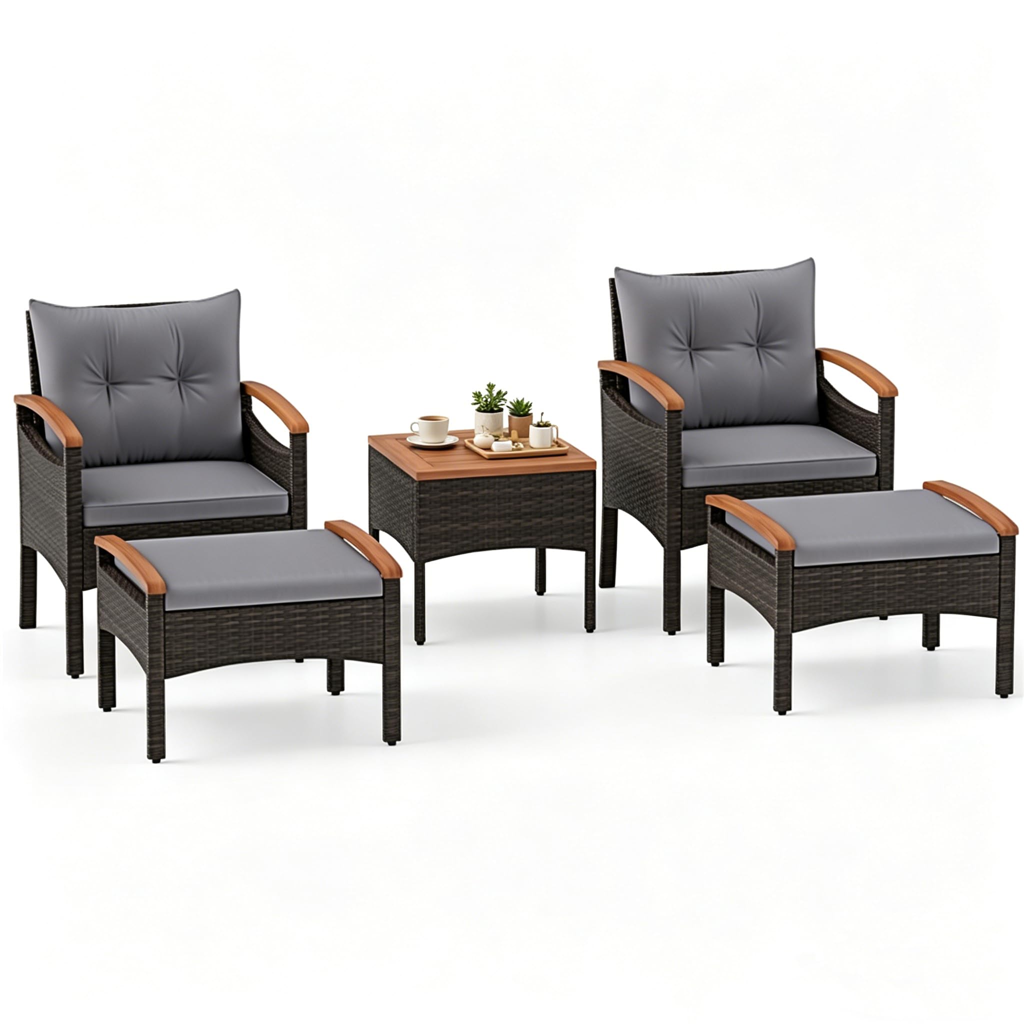 GIANTEX Juego de Muebles de Jardín de Ratán para 2 Personas, Conjunto de Muebles de 3/5 Piezas, 2 Sillones y 1 Mesa de Café, Conjunto de Conversación para Patio, Balcón, Terraza (5 Piezas, Gris)
