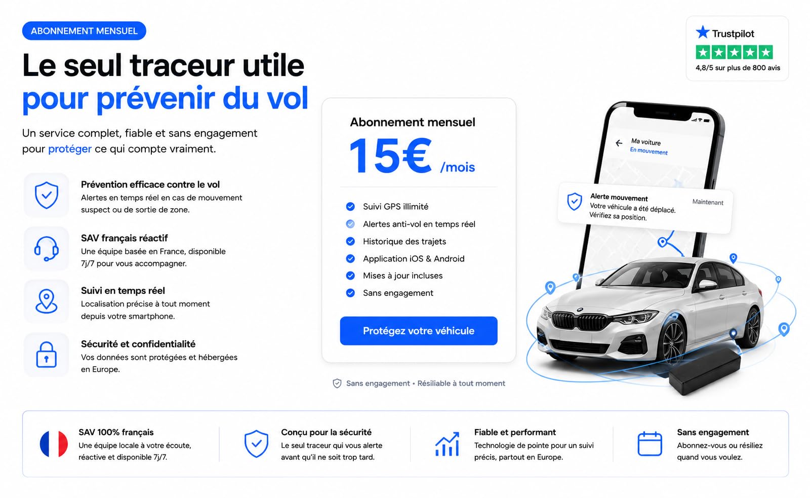 Rastreador GPS WireTrack – Localizador en tiempo real para coche, motocicleta, camión – Seguimiento GPS preciso, alerta de desbordamiento de velocidad y zona, inmovilización remota, aplicación móvil y
