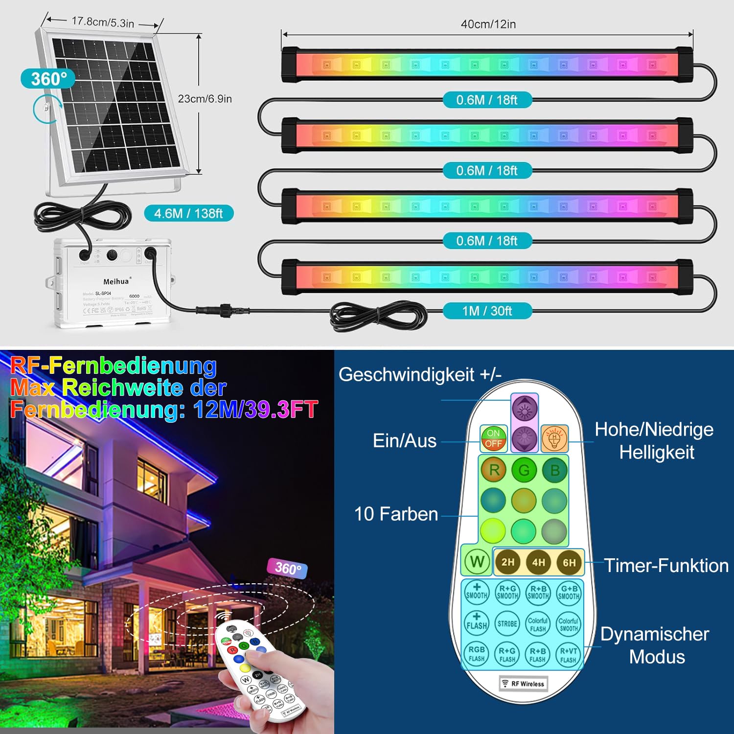 MEIHUA Solar RGB Strahler Wallwasher Farbig 10 Farbe 30 Modi Timer 2 Helligkeit Solar Gartenleuchte Bunt 6000mAh IP66 Wasserdicht Solarlampen für Außen Farbewechsel Garten Party DJ Karneval, 4 in 1
