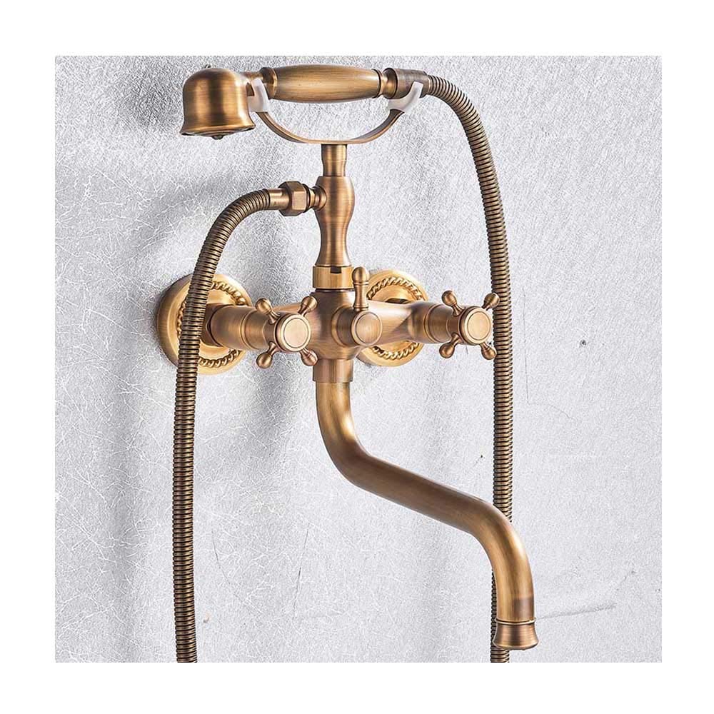JYBNBBE Long Nose Bathtub Faucet with Handheld Shower Antique Brass Wall Mounted Multifunctional Mixer Tap Double Cross Handle Telephone Shape Shower Set with Cold and Hot,Antique A