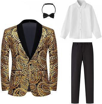 Boys 4-Piece Suit Set Paisley Floral Sequins Embroidered Velvet Blazer Jacket Black Pants Shirt Bow Tie Outfit 5-16Y