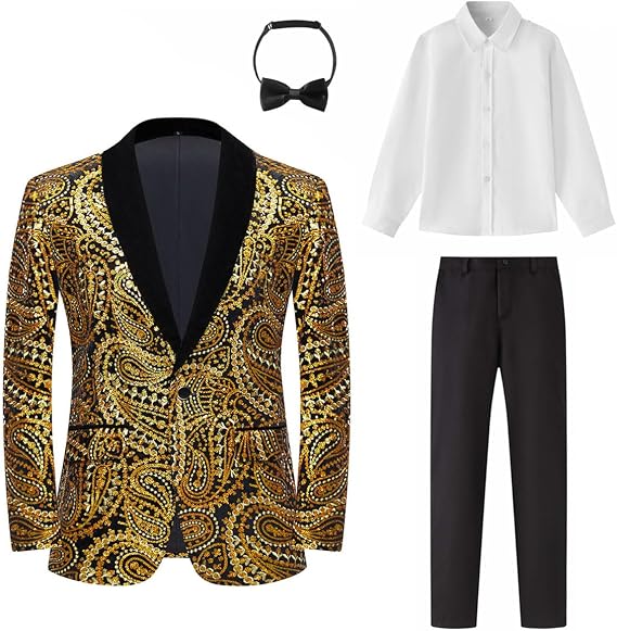 Boys 4-Piece Suit Set Paisley Floral Sequins Embroidered Velvet Blazer Jacket Black Pants Shirt Bow Tie Outfit 5-16Y