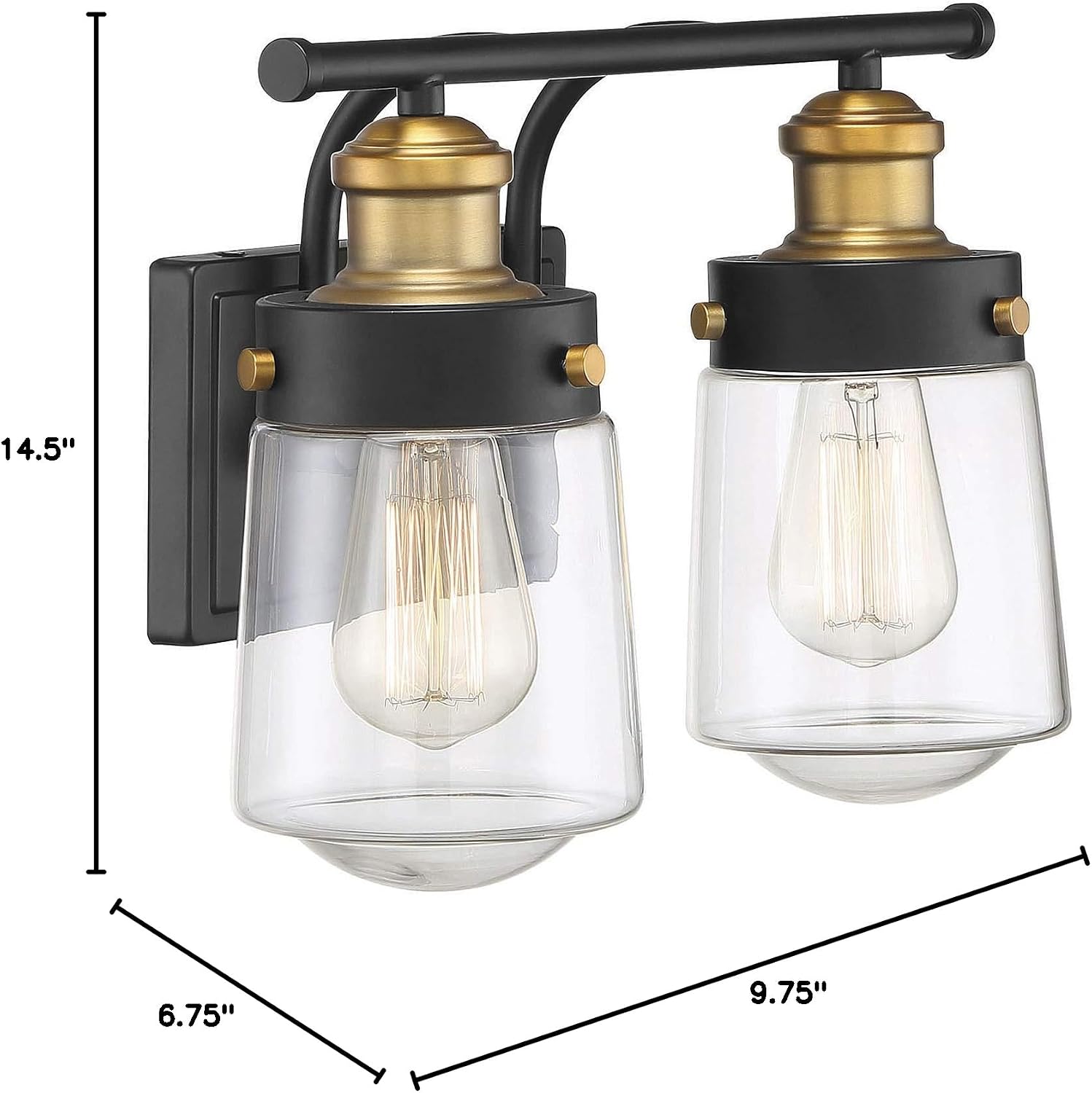 Savoy House 8-2069-2-51 Macauley Industrial Farmhouse Rustic Clear Glass Bathroom Vanity Wall Light, 2-Light 120 Total Watts, 10" H x 15" W, Vintage Black with Warm Brass