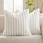 MIULEE Couvertures d'oreillers à jet blanc 18x18 Ensemble de pouces 2 Coussin en fourrure de lapin Fuzzy rayé doux case avec velours Retour Faux Coussins de la fourrure de Rabbit Couvres de Noël décoratif maison Oreillers pour Sofa Couch Chambre voiture