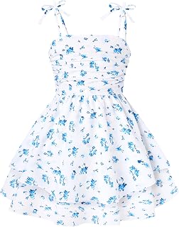 YALLET Summer Girls Dresses Spaghetti Strap Flowy Ruched Layered Ruffled | Smocked Back, Allover Floral Print, Adjustable Straps Girls Dress, Beach Vacation Hawaii Sundress