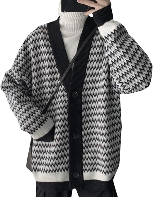 Amazon Bscool カーディガン メンズ ニットカーディガン Vネック ボーダー柄 羽織り ゆったり ファッション アウター オシャレ 厚手 秋 冬 セーター 色切り替え トップス カーディガン 通販