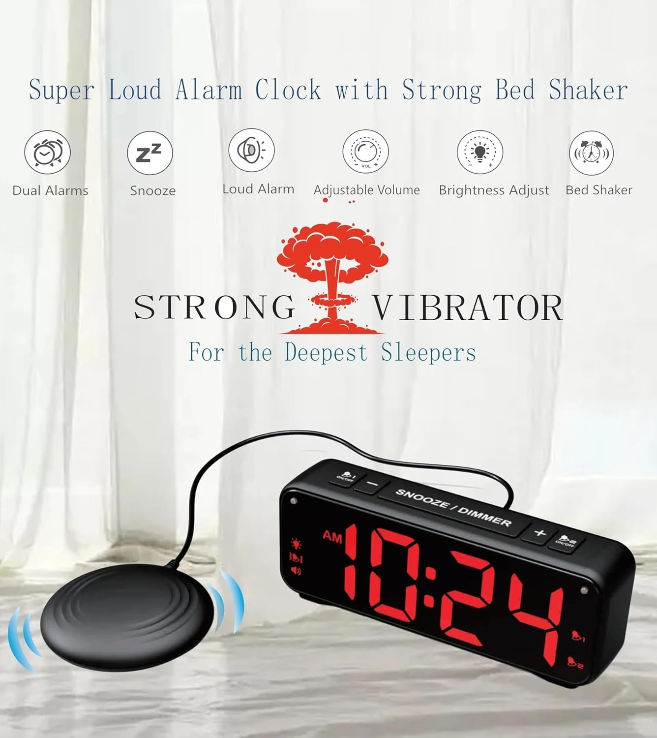 MOZAC Bomb Dual Extra Loud Alarm Clock with Bed Shaker, Black Heavy Sleepers, Battery Backup | Wake with a Shake