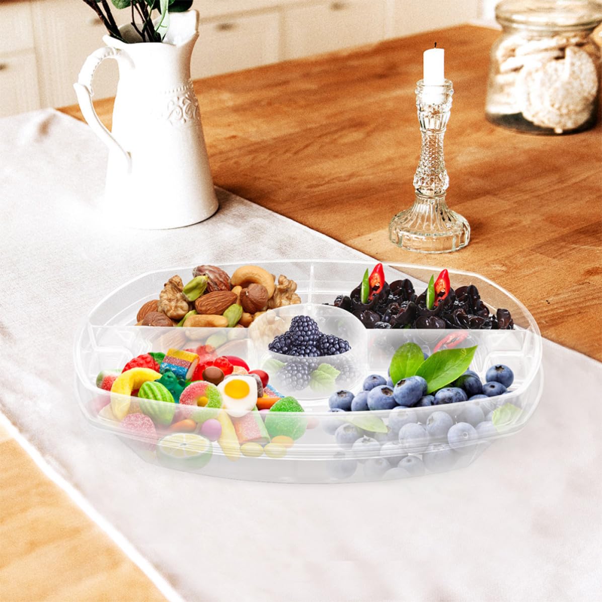 Luxshiny Vassoio Refrigerato in Plastico con 4 Scomparti e Coperchio per Antipasti e Frutta, Design Multiuso per Feste e Conservazione