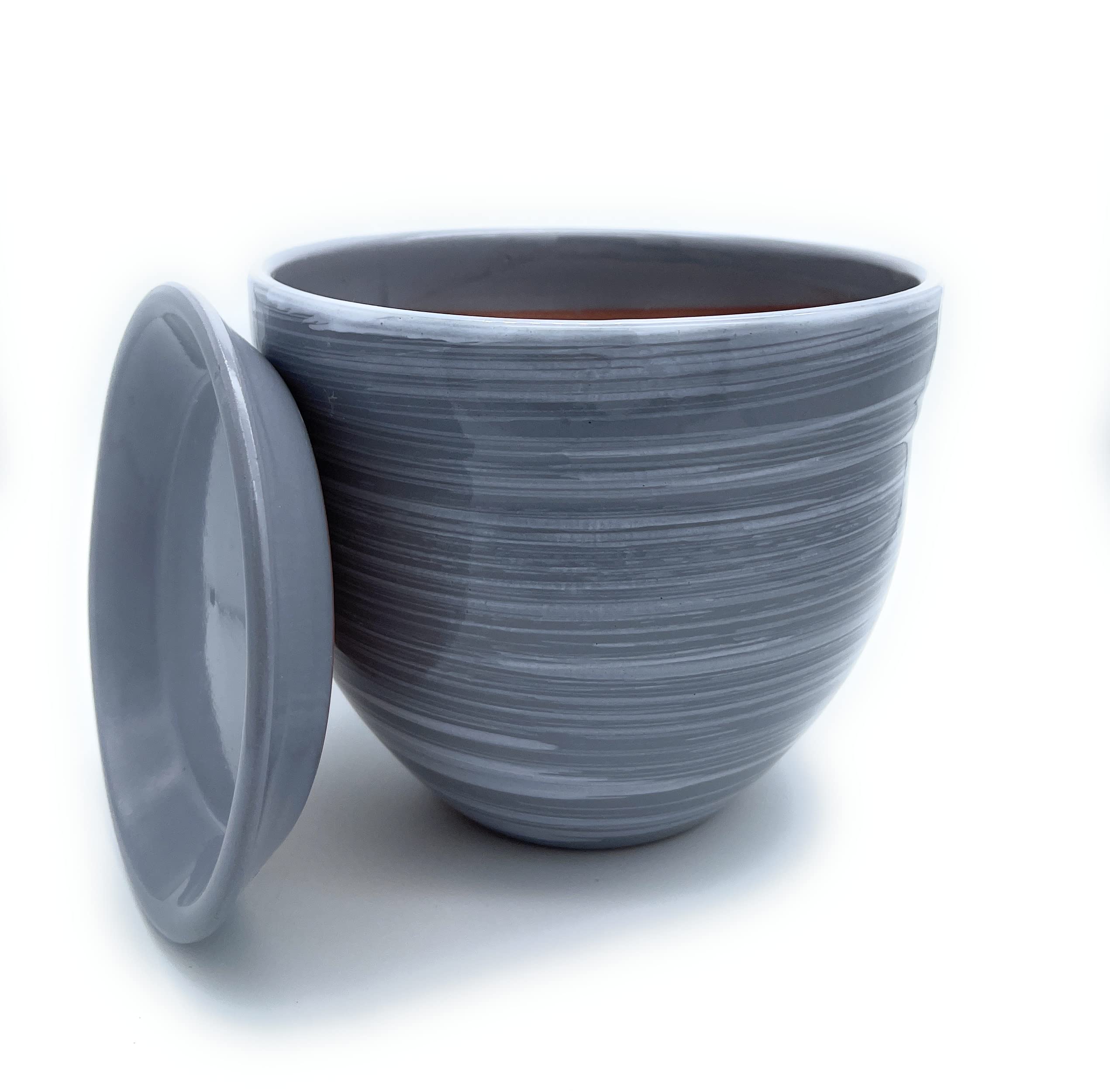 Sun Cakes Glazed Ceramic Plant Pot with Saucer Flower Pot Galla New (26cm x 22cm, Grey)