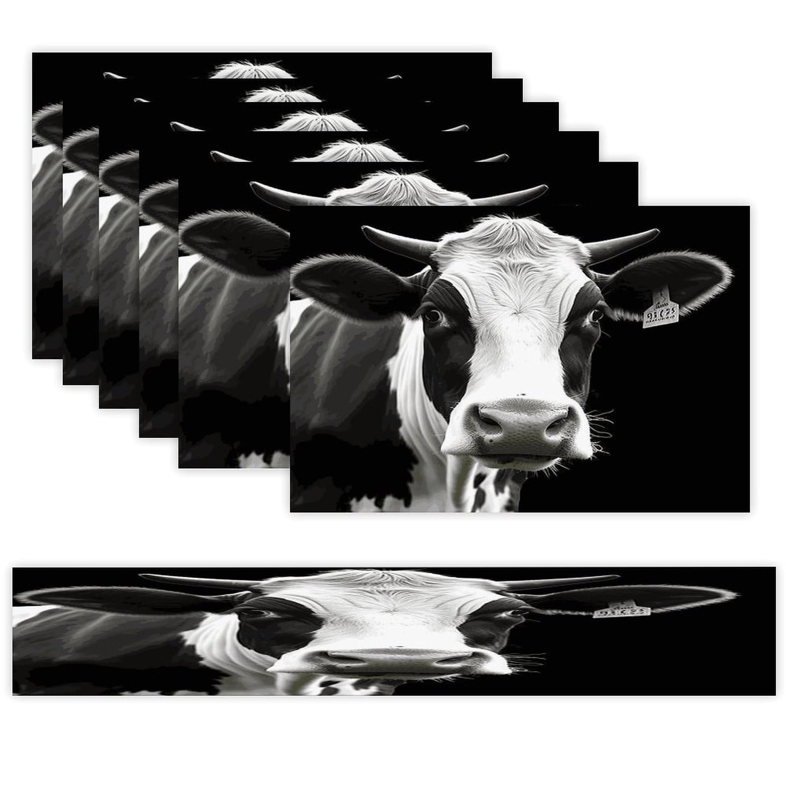 Animal Funny Cow Head Black White Table Runner and Placemats Set of 6 Wipe Clean Heat Resistant Table Mat with Table Runner Decorations Flax Linen Place Mat Set for Home Kitchen Party Supplies