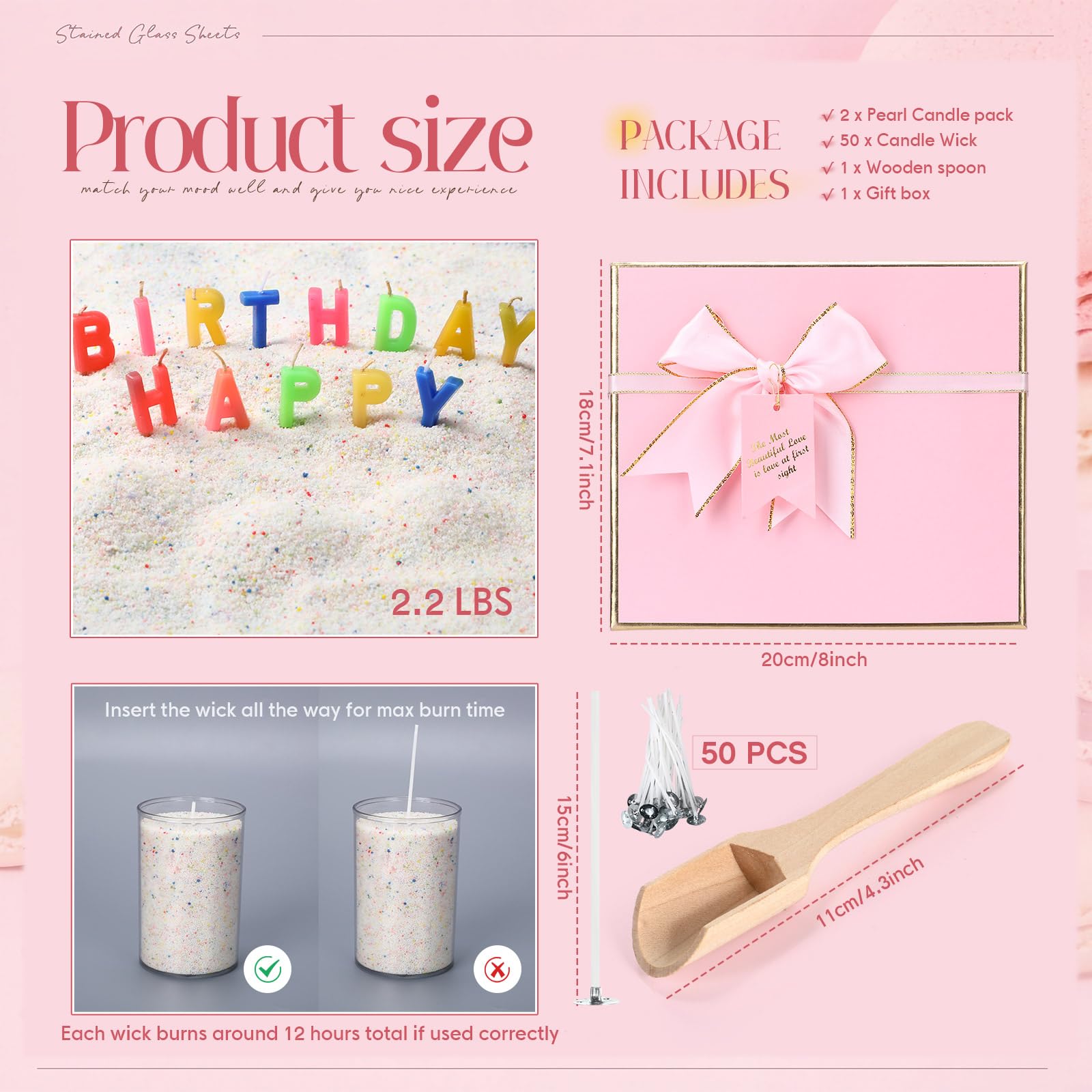 MTLEE Bougie perlée « Happy Birthday » - 1 kg - Parfum gâteau à la crème vanille - Kit de bougies parfumées au sable - Comprend 50 mèches - Boîte cadeau - Cuillère de cire perlée réutilisable pour