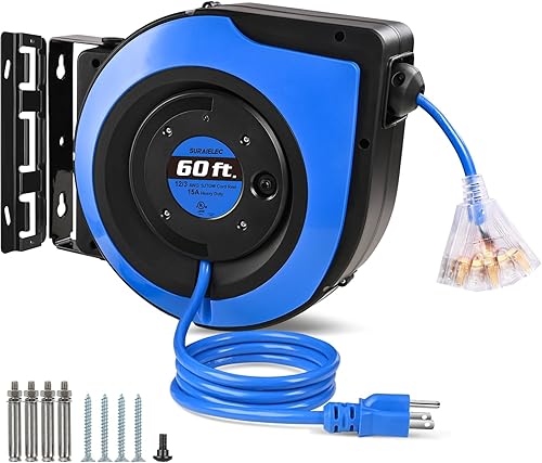 Miniatura 8 de SURAIELEC Carrete de cable de extensión retráctil de calibre 12, cable de alimentación resistente SJTOW de 45 pies 12 AWG3C, 3 salidas de triple