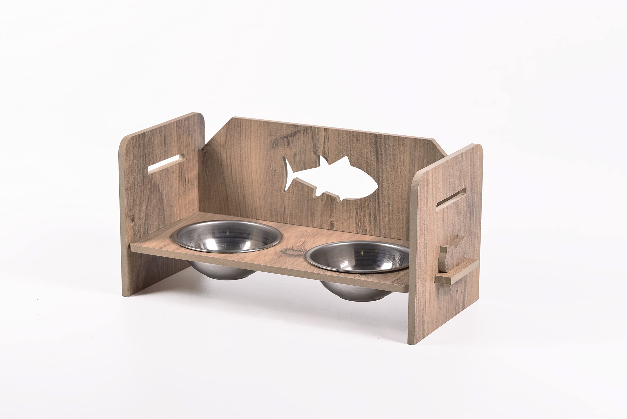 Lot de 2 supports en bois pour chien et chat avec gamelles en céramique - Pour nourriture et eau - Style poisson - Double gamelle en céramique