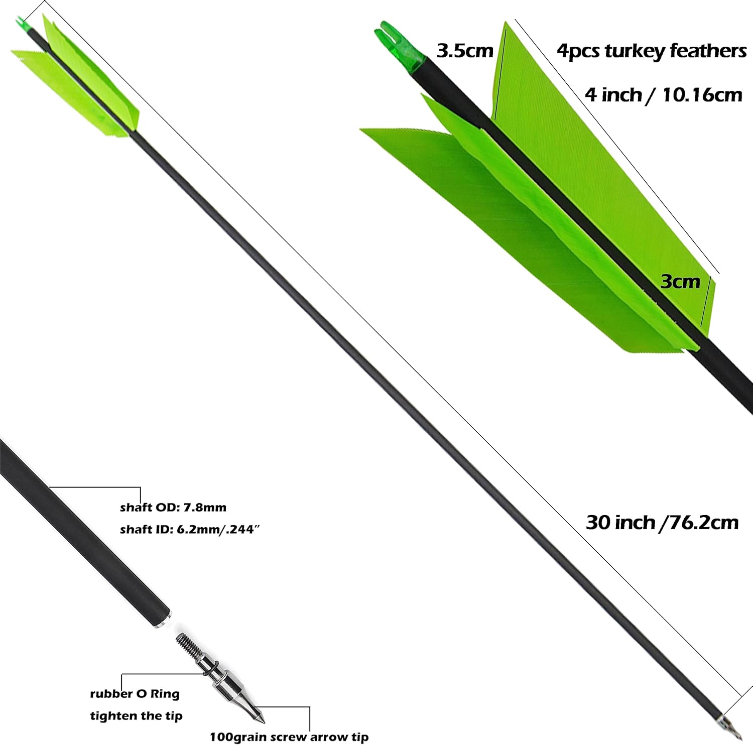 ZSHJGJR 30 Inch Archery Hunting Arrows Carbon Flu Flu Arrows Spine 500 Target Practice Arrows with 4pcs Turkey Feather Replaceable Arrowhead for Outdoor Hunting Shooting 6/12pcs