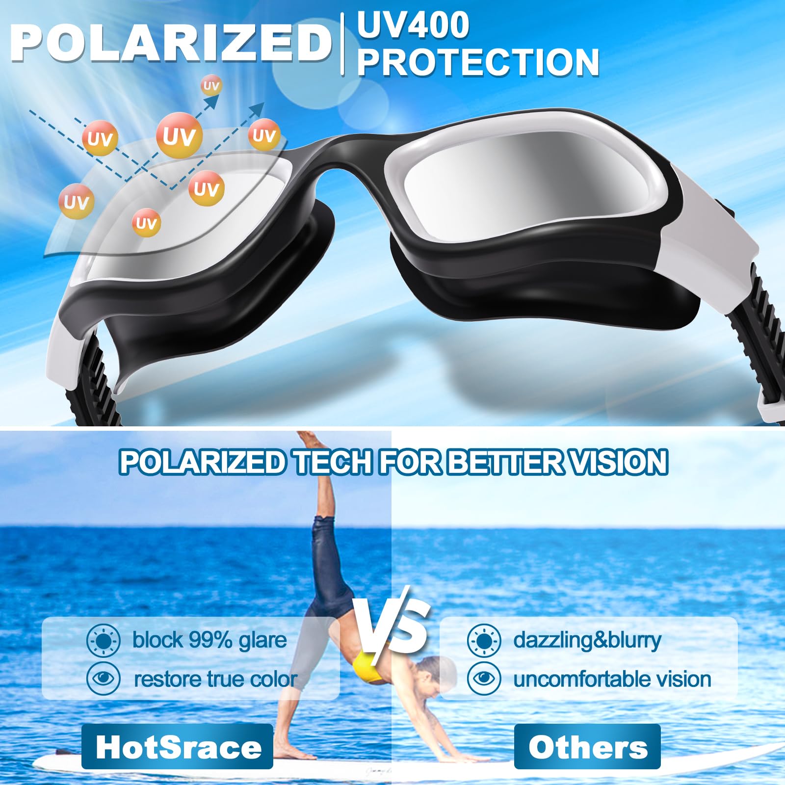 Gafas de natación polarizadas/no polarizadas, antiempañamiento UV a prueba de fugas silicona suave visión clara fáciles de ajustar para adultos y adolescentes