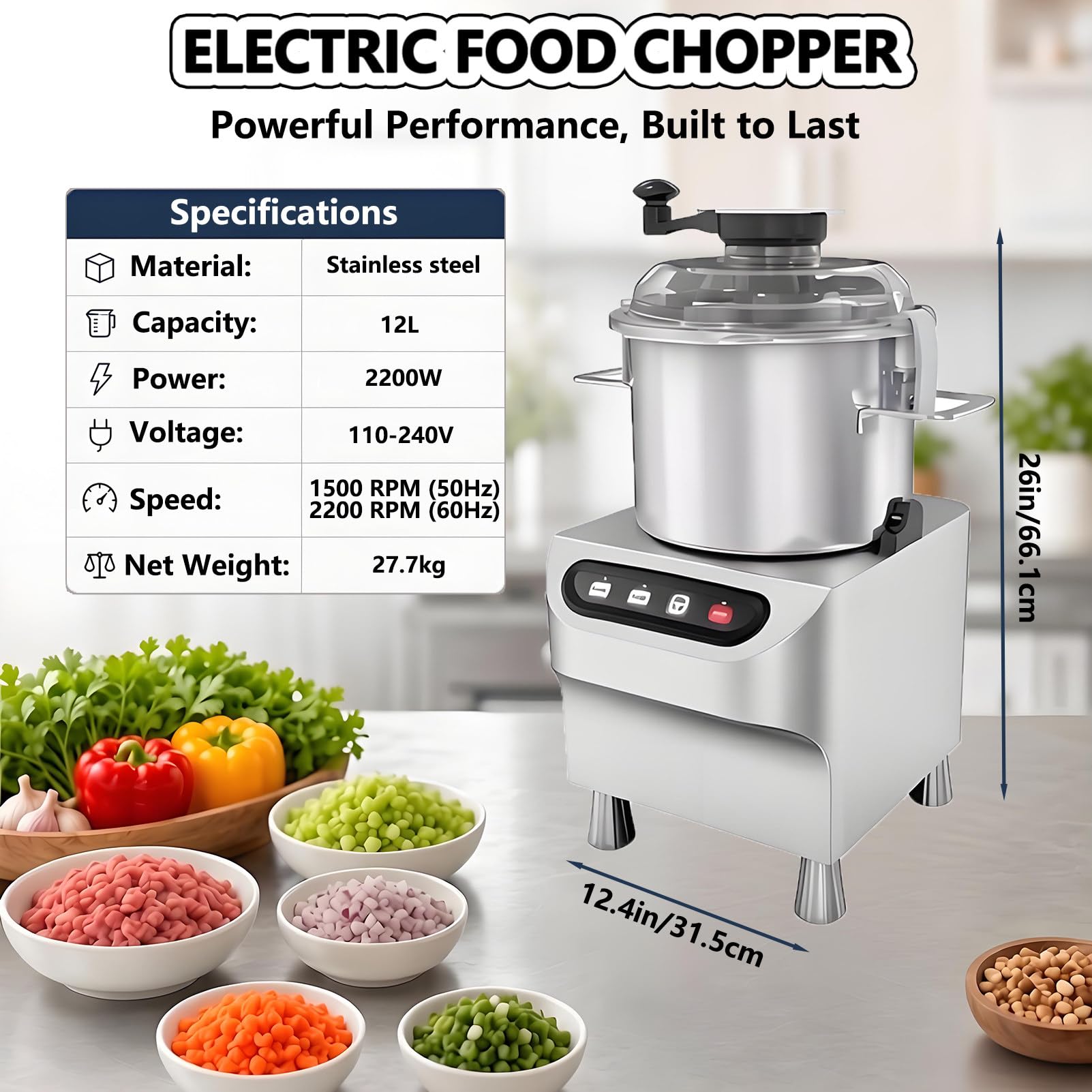 Picadora Eléctrica 3 en 1, Cortadora de Verduras Comercial 12L