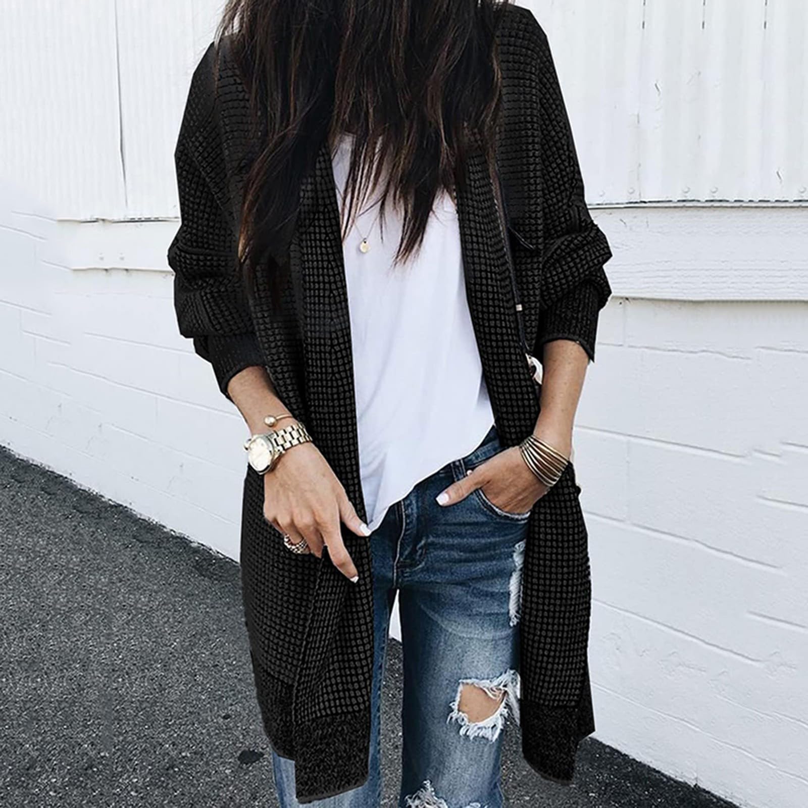 Cardigan Damen Lang, Leichte Strickjacke Damen, Sommerjacke Leicht Dünne Jacke Frühling Langarm Strickjacken Für Damen, Open Front Basic Regular Fit Sommerstrickjacke Damen Leicht Longstrickjacke