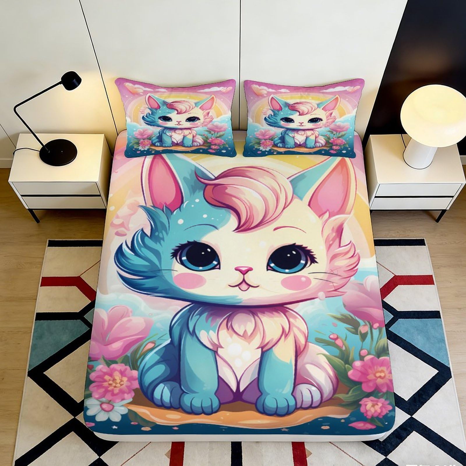 Pnayamiorkfel Style-8 3D Printed Cute Fantasy Cat Fitted Sheet Microfiber Soft Breathable Pastel Kitten Bed Cover For Bedroom Decor 90X200x25cm