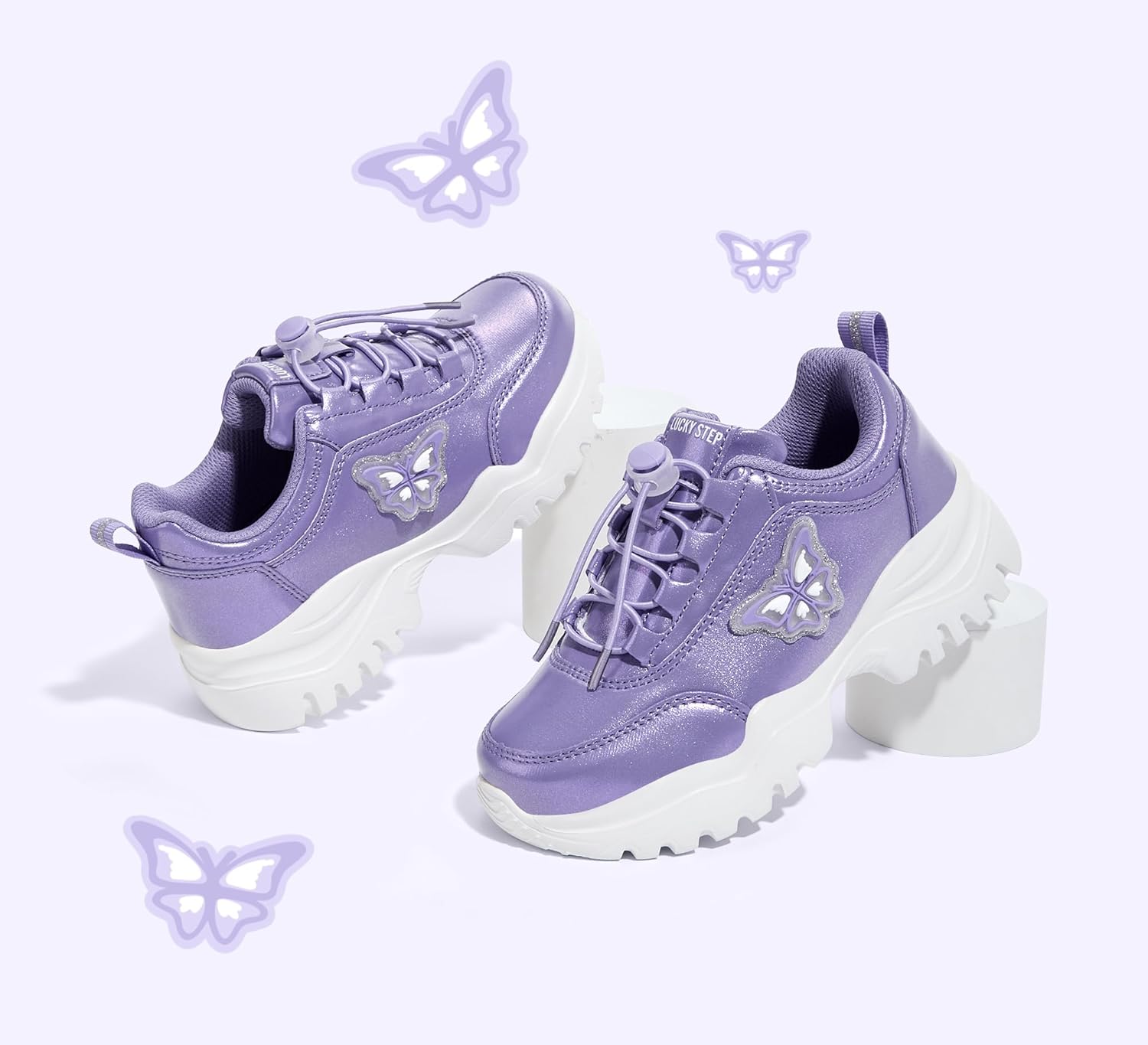 LUCKY STEP Kids Chunky Sneakers Fashion Platform Walking Tennis Shoe Sparkly Butterfly Faux Leather Elastic No-tie Laces School Shoes for Girls Boys - Image 7