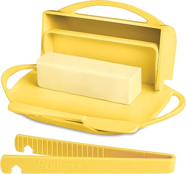 Butterie Flip-Top Butter Dish with Lid & Matching Knife Spreader for Countertop w/ Toaster Tongs, No-Mess Butter Tray Holds 2 Sticks/Kerrygold, Butter Keeper for Soft Butter, Dishwasher Safe Yellow