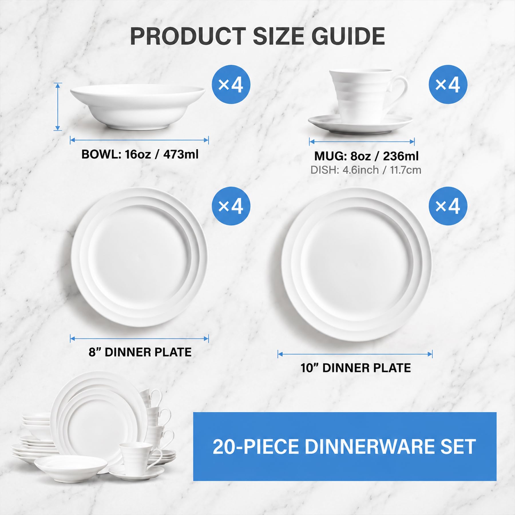 Set di stoviglie in porcellana da 20 pezzi, per 4 persone, colore bianco moderno