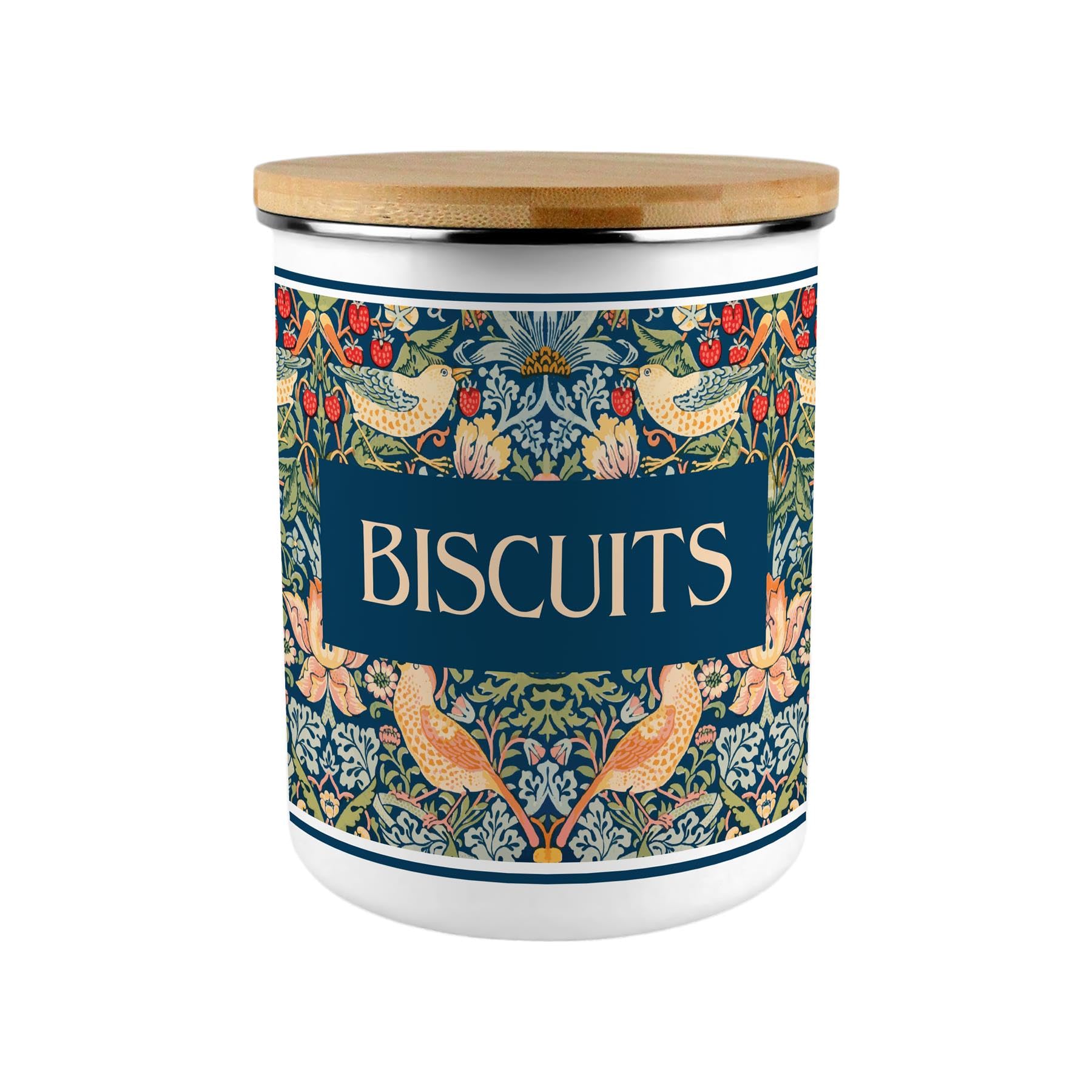 Blue Strawberry Thief Biscuits Storage Canister - Floral 2.7L Extra-Large Enamel Home & Kitchen Organisation Container