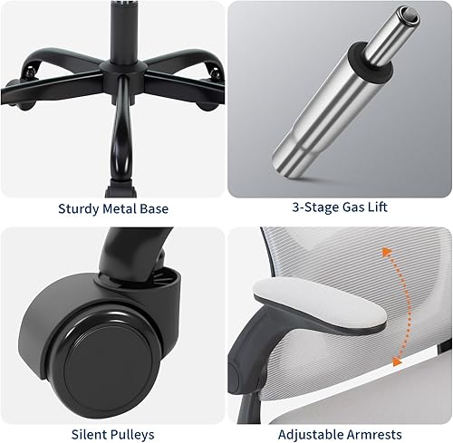 Miniatura 4 de Silla de oficina ergonómica de alta calidad de malla gris, altura ajustable, reposabrazos abatibles y soporte lumbar, cómodo asiento giratorio para